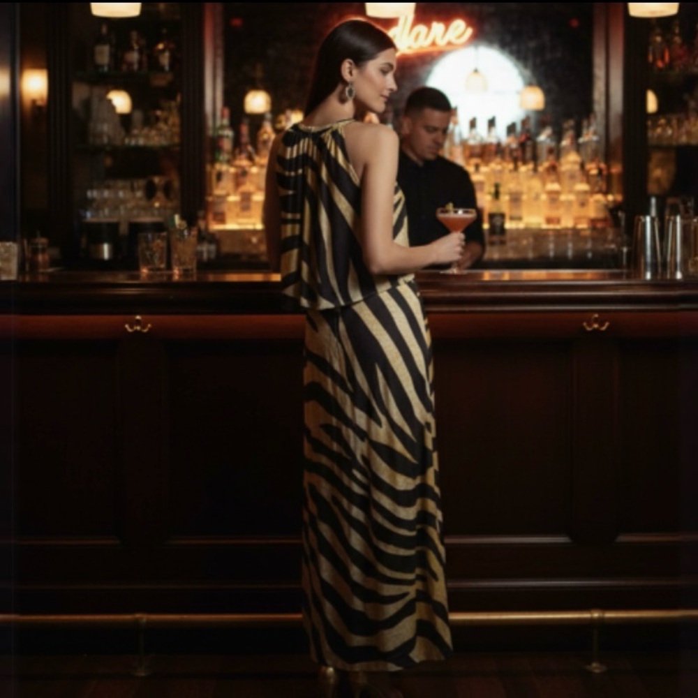 Chico’s Golden Zebra Print Maxi Dress Size 1 - Picture 4 of 15